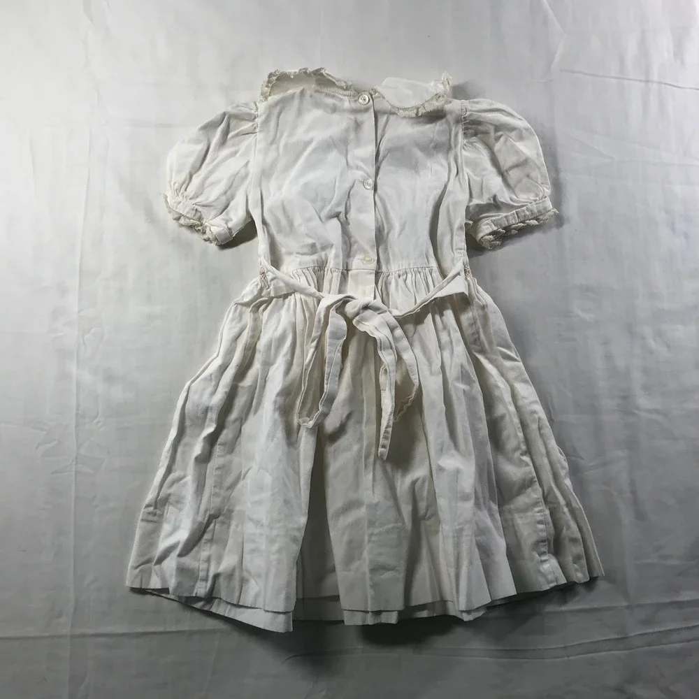 Anavini Vintage White Cotton Smocked Dress Pink Floral Embroidery Lace Size 3